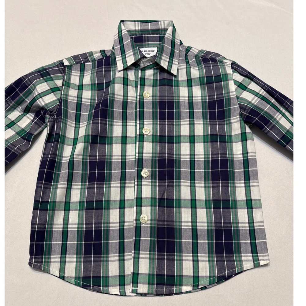 IZOD Boys Plaid Button Down Shirt Green Navy Blue White Long Sleeve Size 2T